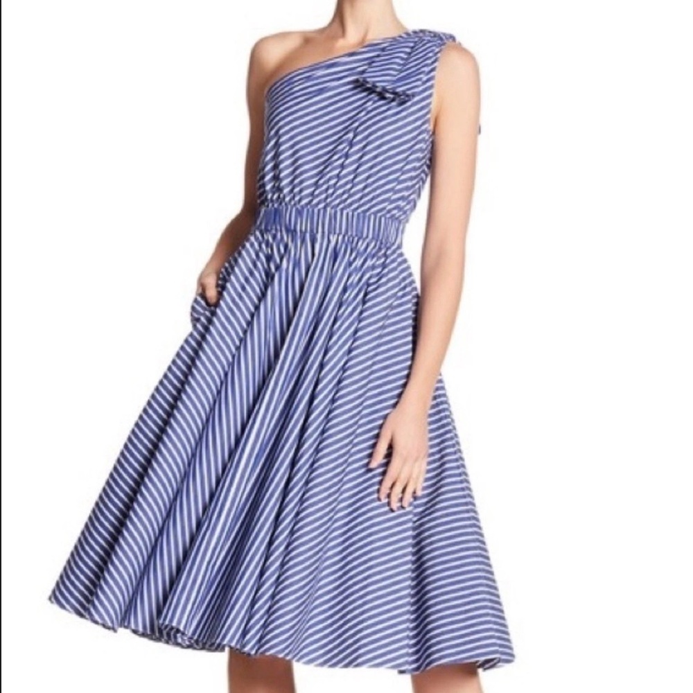 ELIZA J Midi Striped Swoon Dress Blue White Size 2 One Shoulder Fit/Flare
